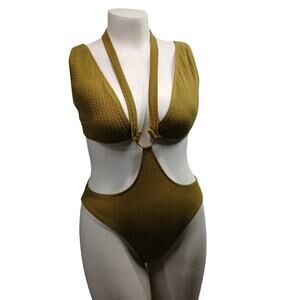 Olive Green Textured One Piece Swimsuit Size M Cutout O-Ring Monokini